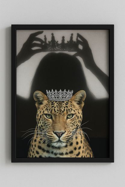 Taçlı Leopar Siyah Çerçeveli Modern Tablo | Güç ve Asalet Temalı Duvar Dekoru Kraliçe Benim