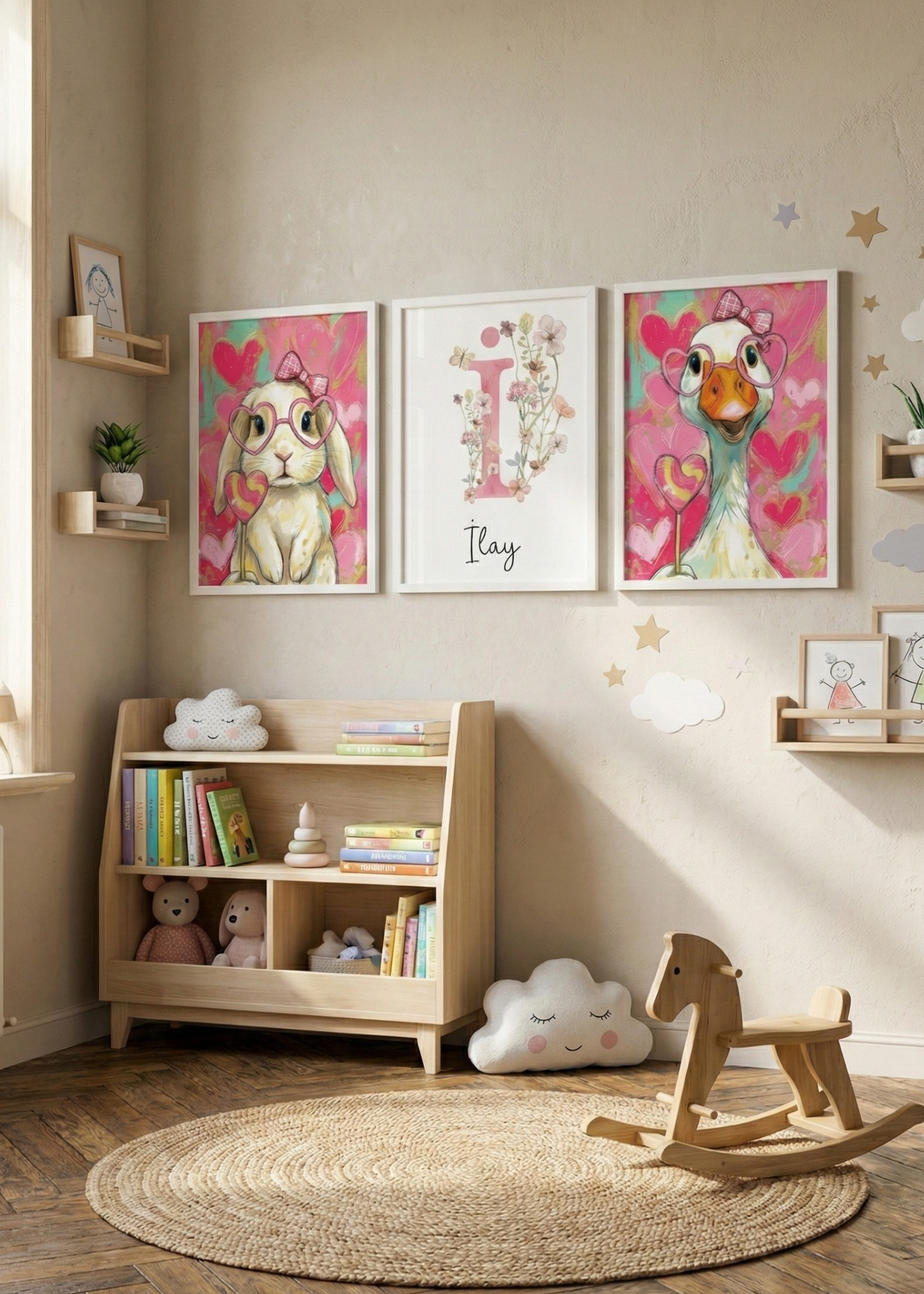 Kişiye Özel İsimli 3'lü Çocuk Odası Tablo Seti - Pembe Tavşan ve Kaz Tasarım