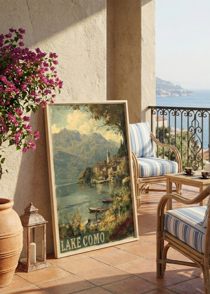 Lake Como Italy Vintage Tasarım Doğal Ahşap Çerçeveli Tablo