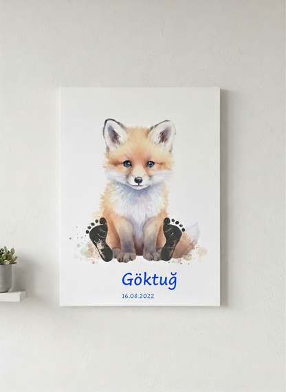 Kişiye Özel Tilki Temalı Bebek Ayak İzi Tablo Kiti – İsim ve Doğum Tarihli Hatıra Tablosu – Boya ve Fırça Dahil 40x60 cm