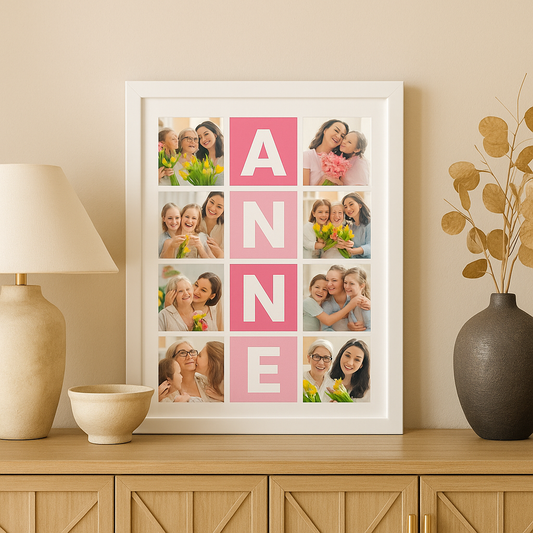 Anne Yazılı Pembe Detaylı 8 Fotoğraflı Çerçeveli Anneler Günü Özel Anneye Hediye