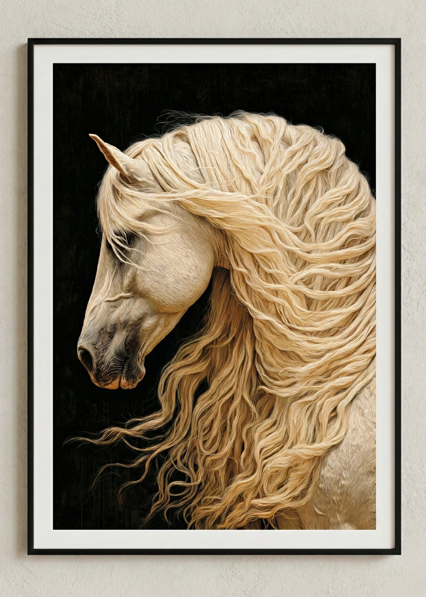 Altın Yeleli At Tasarım Siyah Çerçeveli Tablo - Lüks Duvar Dekoru