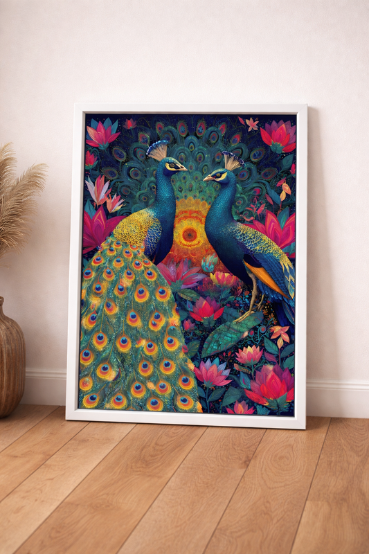 Çerçeveli Tavus Kuşu Tasarım Tablo - Modern Renkli Duvar Sanatı