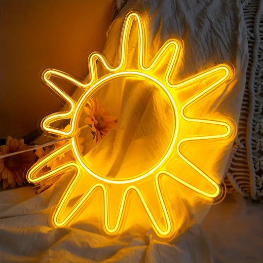 Neon Güneş Temalı Işıklı Dekoratif Duvar Aydınlatması (Sarı Renk)