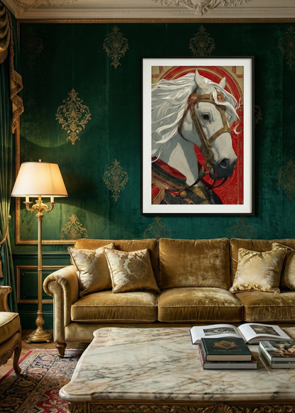 Asalet Serisi Zırhlı Beyaz At Tasarım Çerçeveli Tablo - Lüks Ofis ve Salon Dekoru