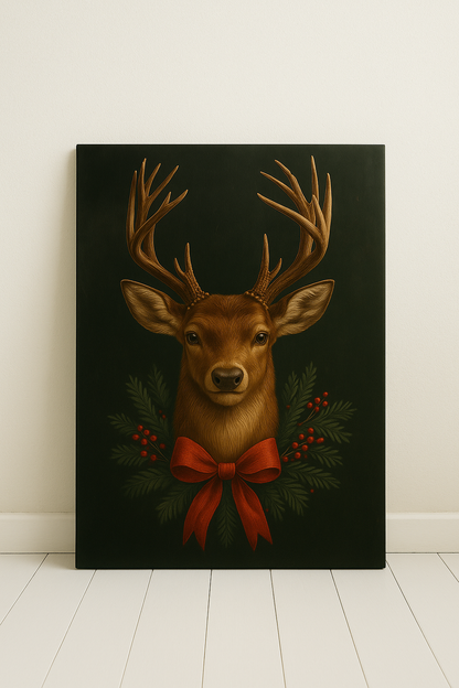 Yılbaşı Geyik Temalı Kanvas Tablo | Kırmızı Kurdeleli Yeni Yıl Duvar Dekoru