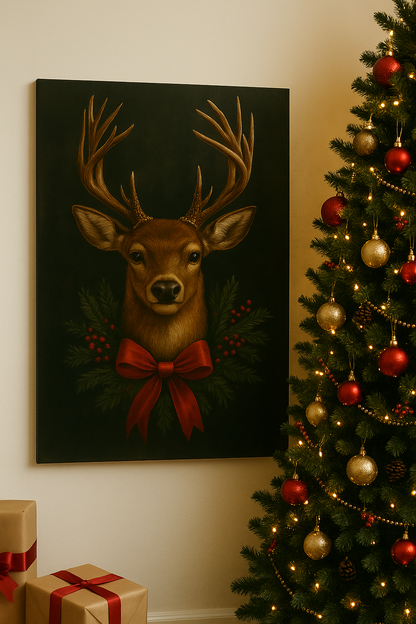 Yılbaşı Geyik Temalı Kanvas Tablo | Kırmızı Kurdeleli Yeni Yıl Duvar Dekoru