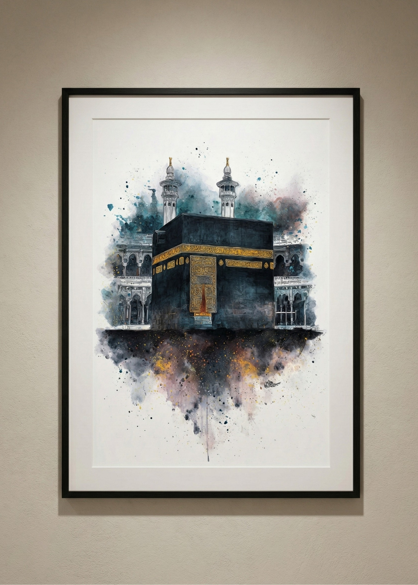 Kabe i Muazzama Sulu Boya Tasarım Siyah Çerçeveli Tablo - Modern İslam Sanatı