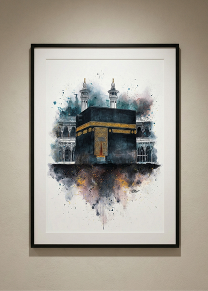 Kabe i Muazzama Sulu Boya Tasarım Siyah Çerçeveli Tablo - Modern İslam Sanatı