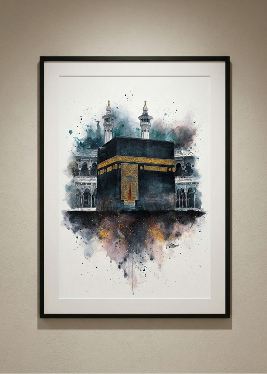 Kabe i Muazzama Sulu Boya Tasarım Siyah Çerçeveli Tablo - Modern İslam Sanatı