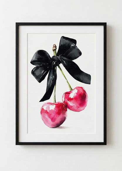 Coquette Stil Siyah Fiyonklu Kiraz Çerçeveli Tablo - Şık ve Sanatsal Mutfak Dekoru