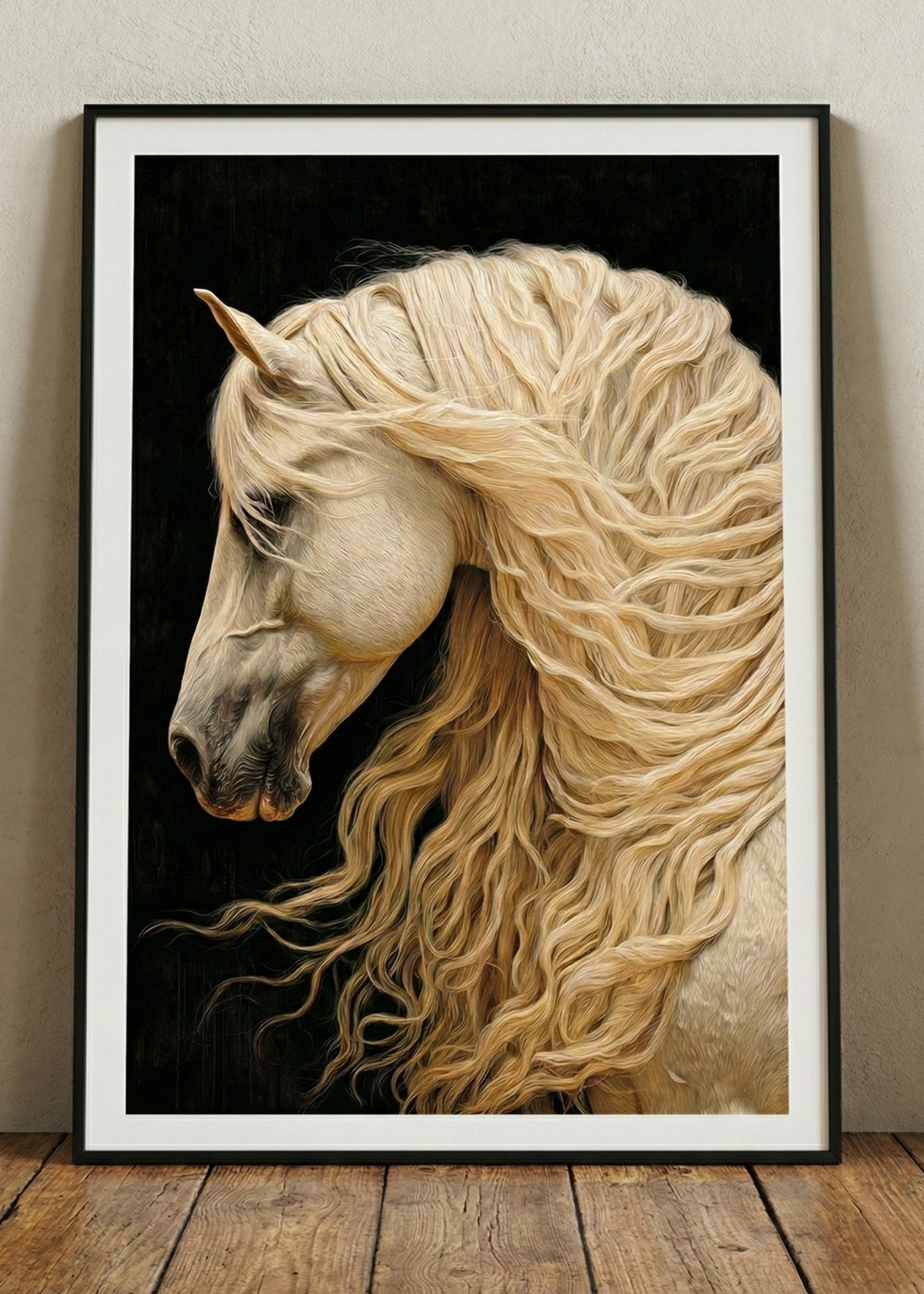 Altın Yeleli At Tasarım Siyah Çerçeveli Tablo - Lüks Duvar Dekoru