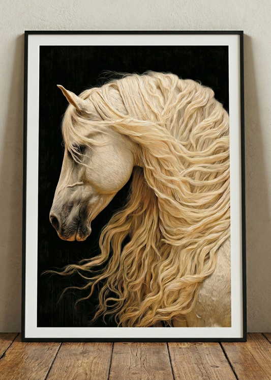 Altın Yeleli At Tasarım Siyah Çerçeveli Tablo - Lüks Duvar Dekoru