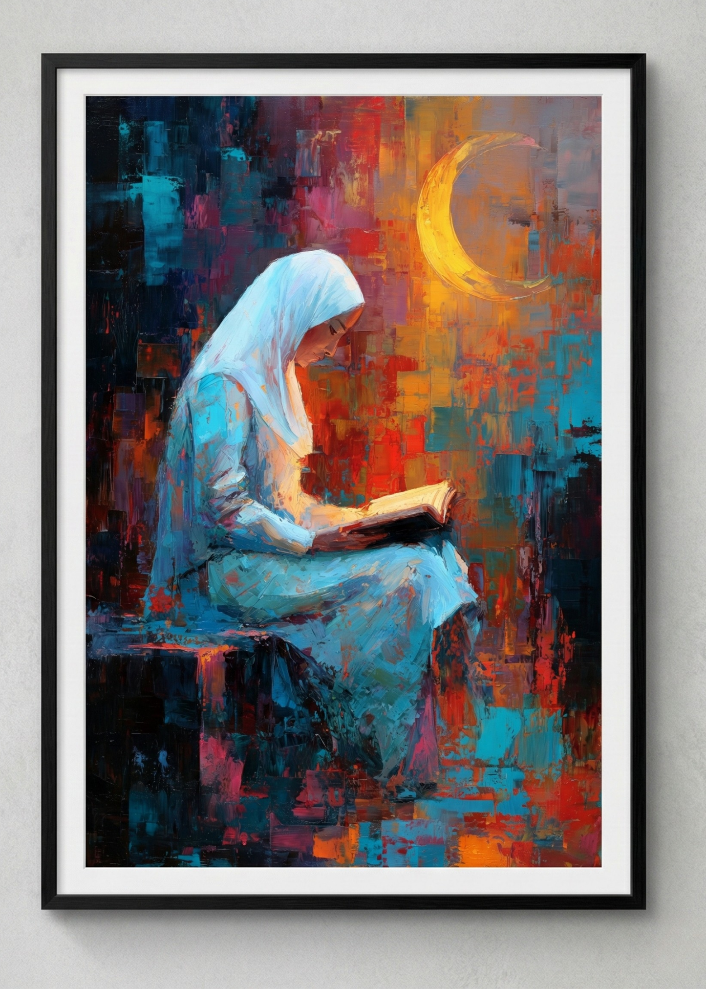 Manevi Huzur: Hilal Altında Kitap Okuyan Kadın Siyah Çerçeveli Tablo