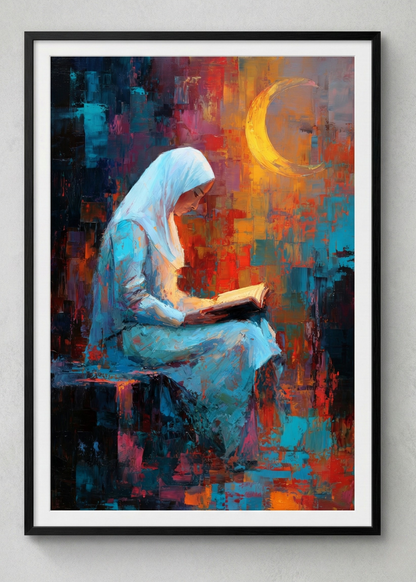 Manevi Huzur: Hilal Altında Kitap Okuyan Kadın Siyah Çerçeveli Tablo