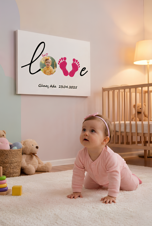 Kişiye Özel Bebek Ayak İzi ve Fotoğraflı Love Kanvas Tablo – İsimli Doğum Hatırası Bebek Odası Duvar Dekoru