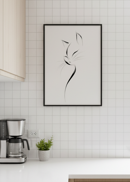 İskandinav Stil Tek Çizgi Kedi Figürlü Çerçeveli Tablo - Şık Mutfak ve Salon Dekoru