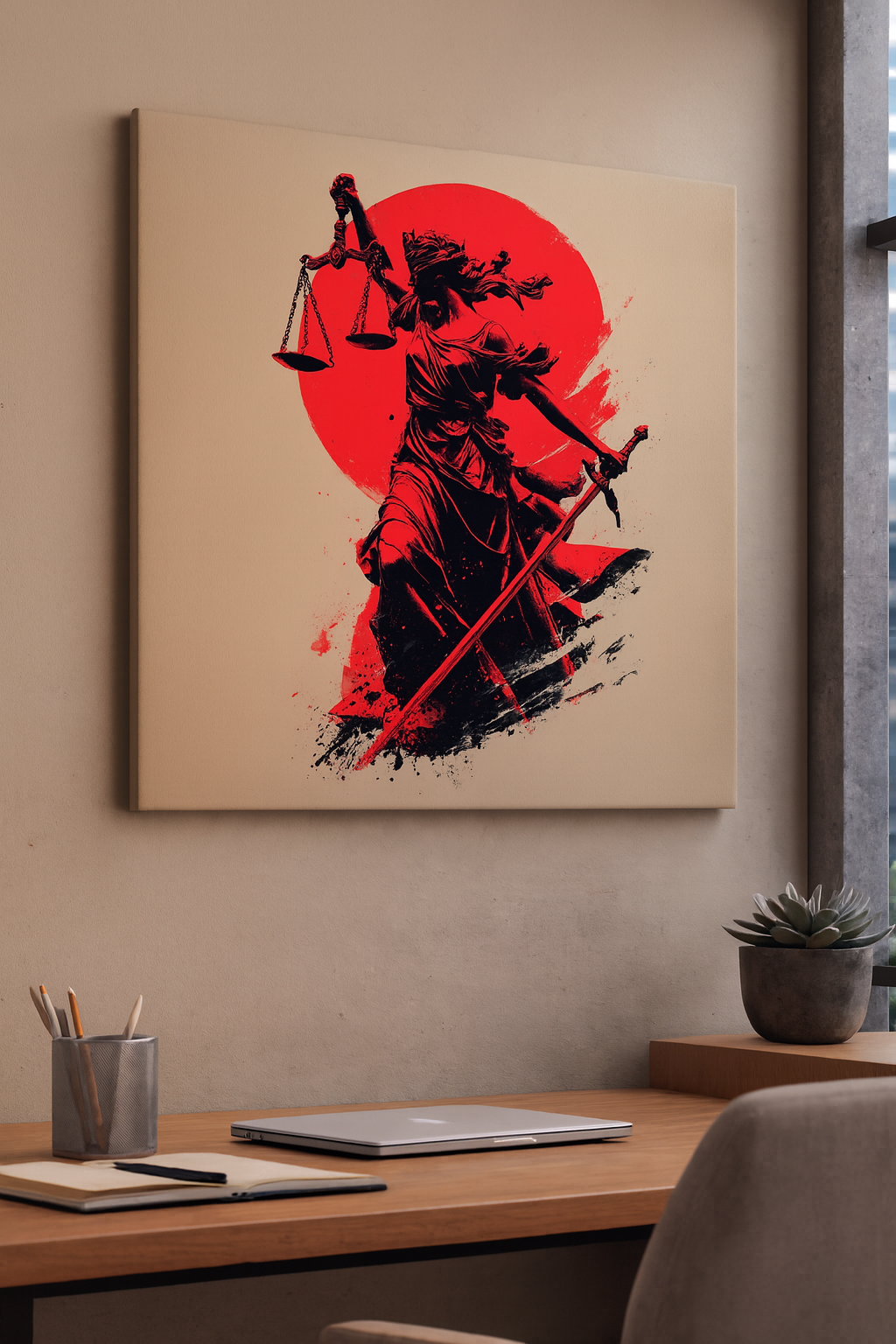 Kırmızı Güneş Temalı Themis Kanvas Tablo – Avukat ve Hukuk Ofisleri İçin Güçlü Adalet Tasarımı