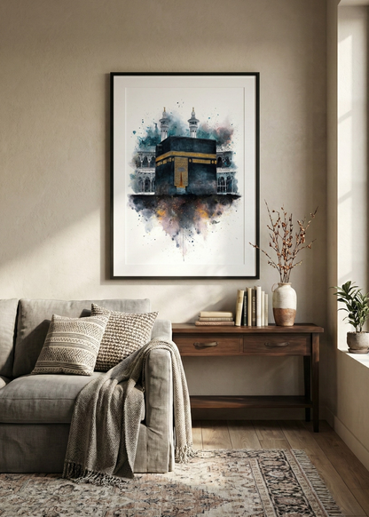 Kabe i Muazzama Sulu Boya Tasarım Siyah Çerçeveli Tablo - Modern İslam Sanatı