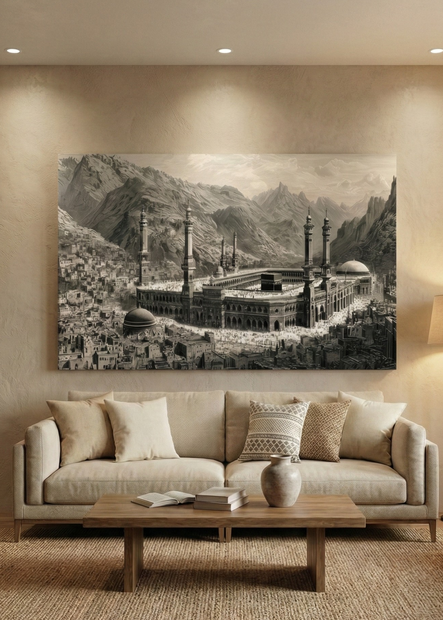 Kabe Temalı Kanvas Tablo Siyah Beyaz İslami Duvar Dekoru Salon Oturma Odası Manevi Dekor