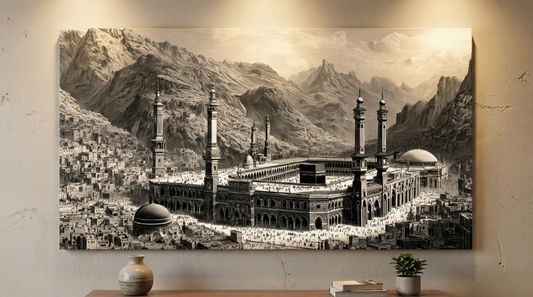 Kabe Temalı Kanvas Tablo Siyah Beyaz İslami Duvar Dekoru Salon Oturma Odası Manevi Dekor