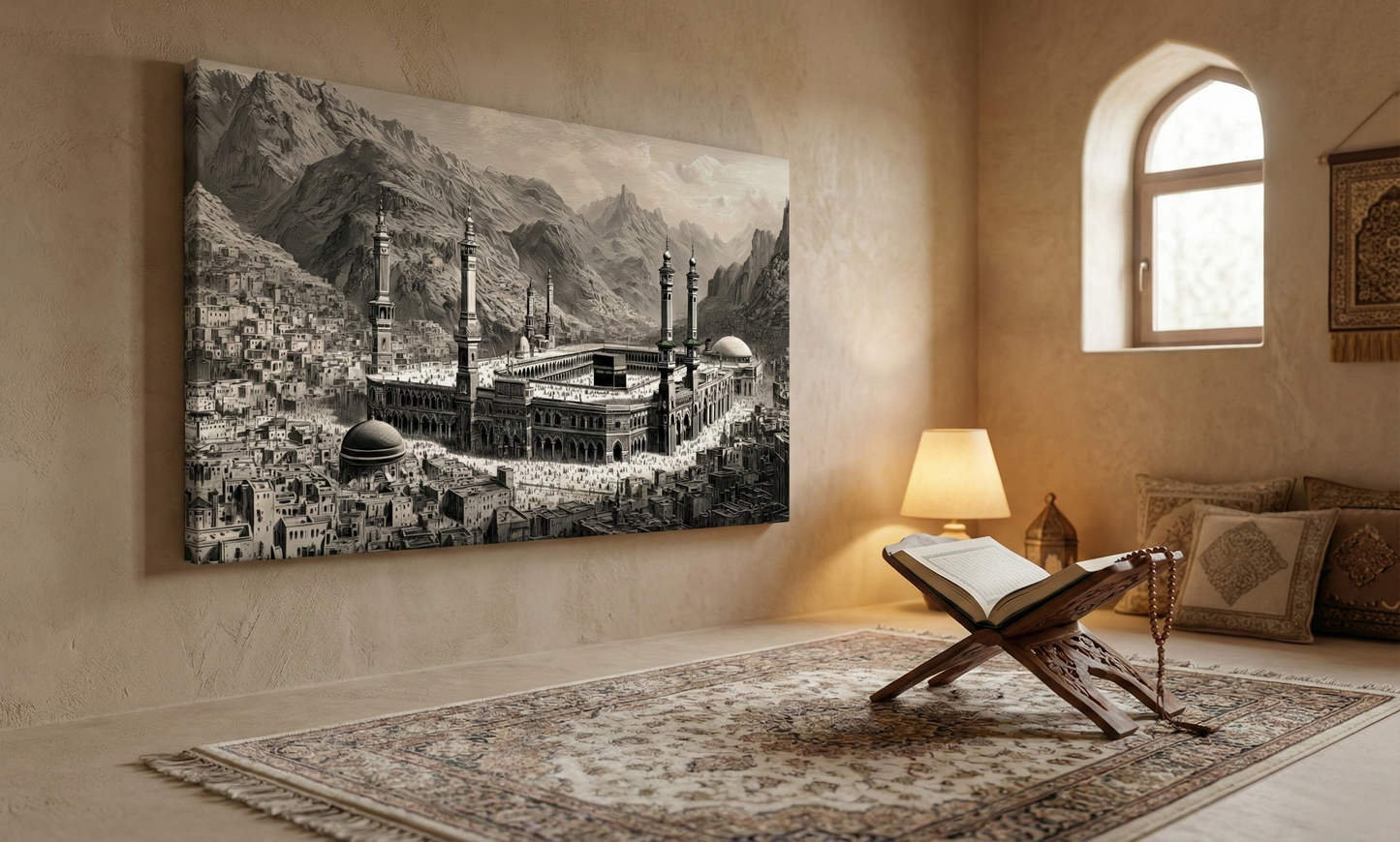 Kabe Temalı Kanvas Tablo Siyah Beyaz İslami Duvar Dekoru Salon Oturma Odası Manevi Dekor