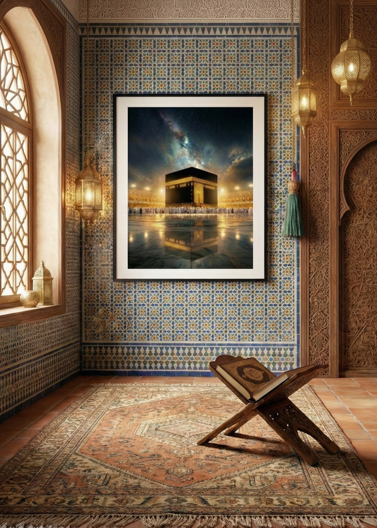 Samanyolu Temalı Kabe-i Şerif Siyah Çerçeveli Tablo - Manevi Huzur Serisi