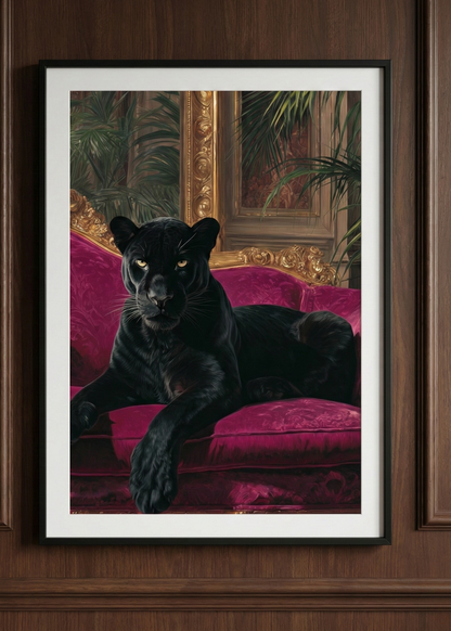 Pembe Kadife Koltukta Kara Panter Tasarım Siyah Çerçeveli Tablo - Lüks Duvar Dekoru