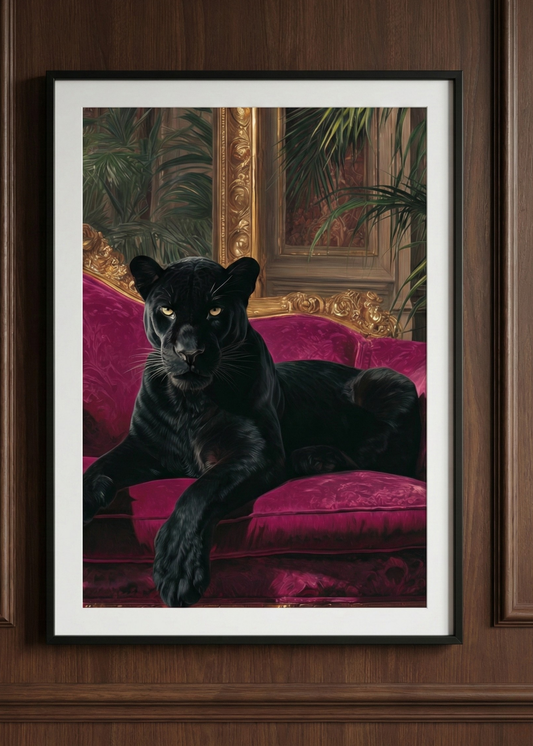 Pembe Kadife Koltukta Kara Panter Tasarım Siyah Çerçeveli Tablo - Lüks Duvar Dekoru