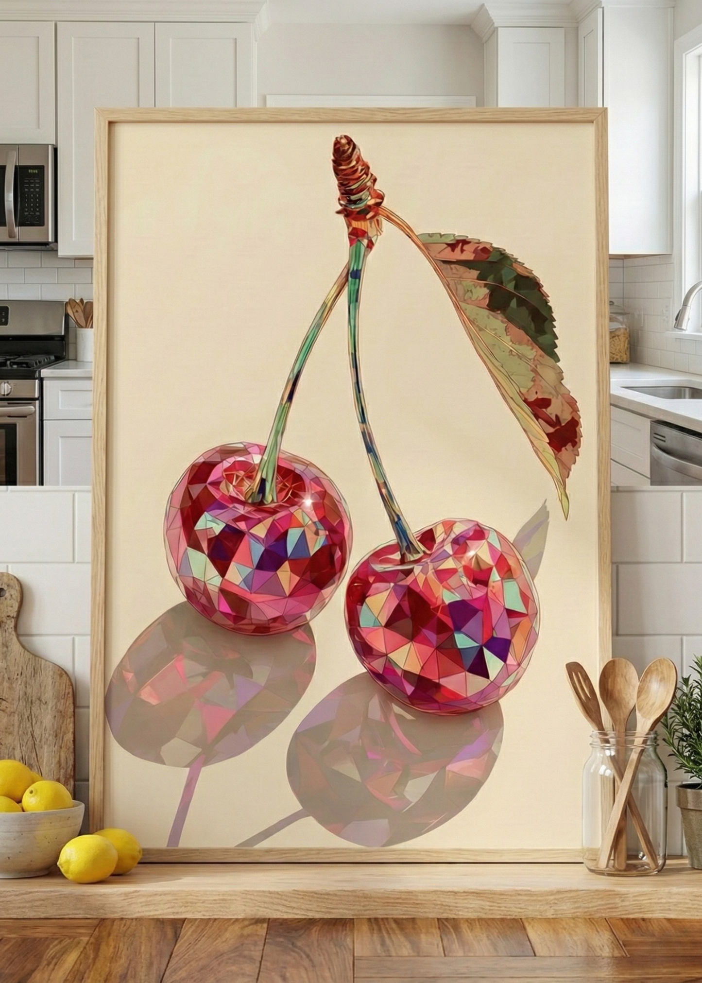Kristal Kiraz Tasarım Geometrik Sanat Çerçeveli Tablo - Modern Mutfak ve Salon Dekoru
