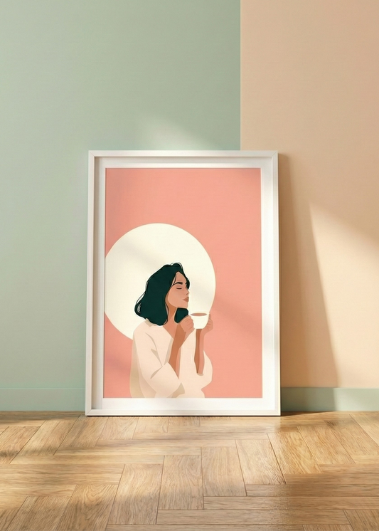 Modern Kadın ve Kahve Temalı Beyaz Çerçeveli Tablo
