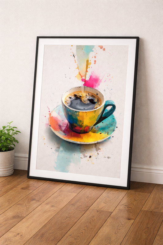 Kahve Köşesi Sulu Boya Tasarım Çerçeveli Tablo - Modern Mutfak Duvar Dekoru