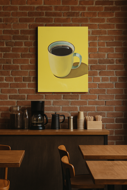 Minimal Sarı Fondan Büyük Kahve Bardağı Tasarım Kanvas Tablo – Kafe ve Kahve Köşesi Duvar Dekoru