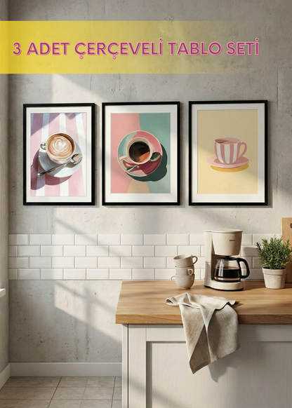 Pembe Kahve Serisi Modern Mutfak Çerçeveli  Üç Adet Tablo Seti - Pink Aesthetic