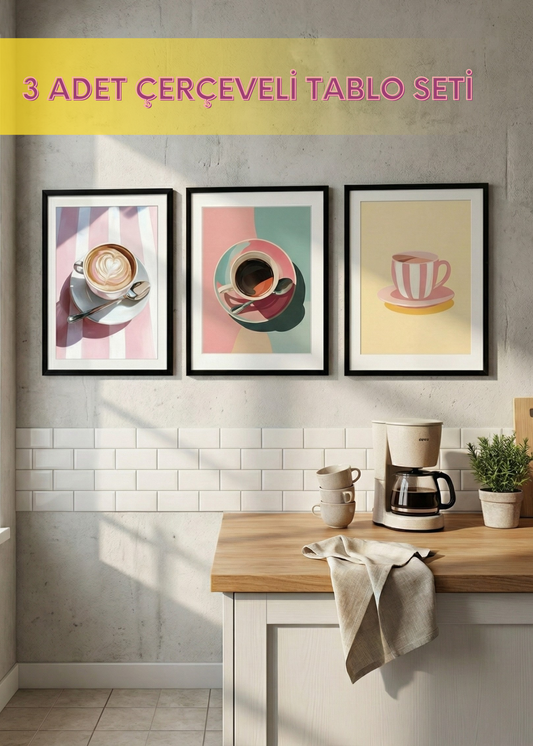 Pembe Kahve Serisi Modern Mutfak Çerçeveli  Üç Adet Tablo Seti - Pink Aesthetic