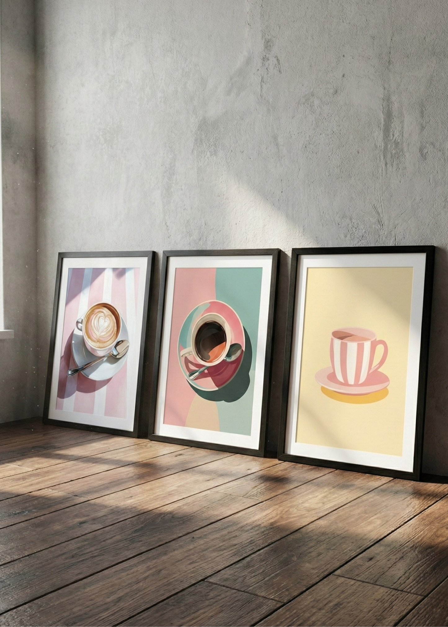 Pembe Kahve Serisi Modern Mutfak Çerçeveli  Üç Adet Tablo Seti - Pink Aesthetic