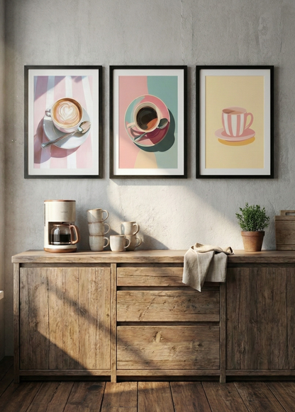 Pembe Kahve Serisi Modern Mutfak Çerçeveli  Üç Adet Tablo Seti - Pink Aesthetic
