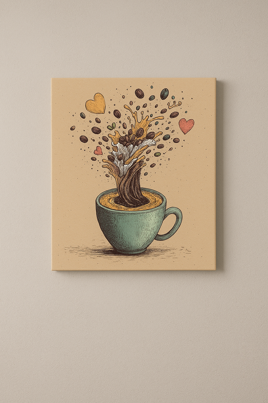 Aşk Dolu Kahve Patlaması Kanvas Tablo – Kahve Köşesi Dekoru – Modern ve Enerjik Duvar Sanatı