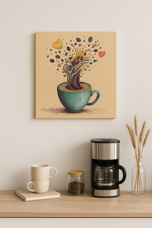 Aşk Dolu Kahve Patlaması Kanvas Tablo – Kahve Köşesi Dekoru – Modern ve Enerjik Duvar Sanatı