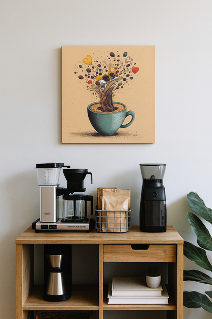 Aşk Dolu Kahve Patlaması Kanvas Tablo – Kahve Köşesi Dekoru – Modern ve Enerjik Duvar Sanatı
