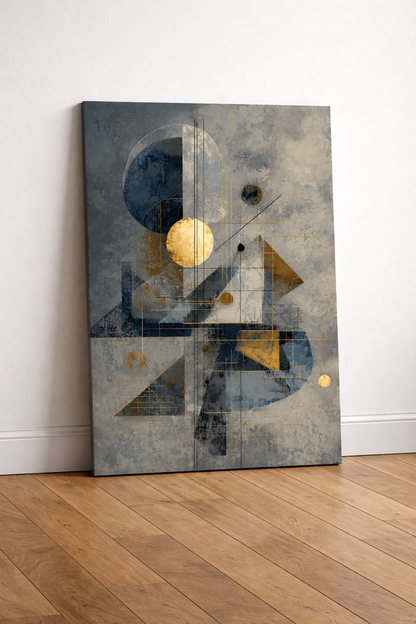 Bohem Soyut Geometrik Kanvas Tablo - Mavi ve Altın Modern Duvar Sanatı