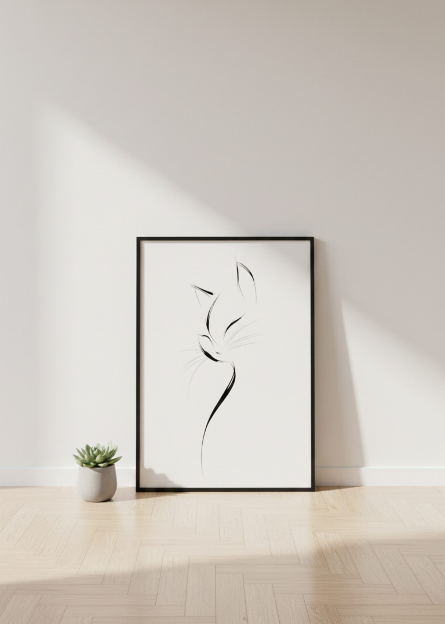 İskandinav Stil Tek Çizgi Kedi Figürlü Çerçeveli Tablo - Şık Mutfak ve Salon Dekoru