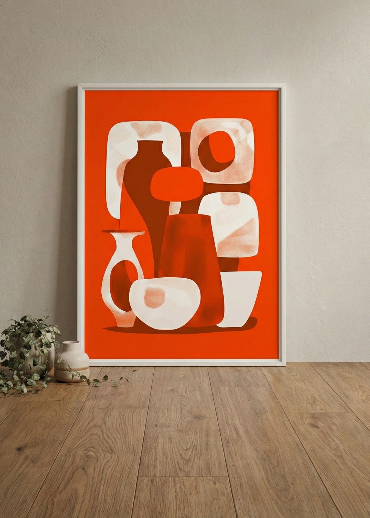 Bohem Soyut Vazolar Beyaz Çerçeveli Tablo - Turuncu Terracotta Modern Duvar Sanatı