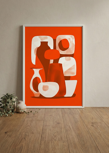 Bohem Soyut Vazolar Beyaz Çerçeveli Tablo - Turuncu Terracotta Modern Duvar Sanatı