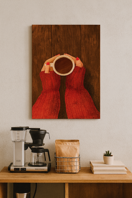 Kırmızı Kazaklı Kahve Keyfi Kanvas Tablo – Sıcak Atmosfer Sevenlere Özel Duvar Dekoru