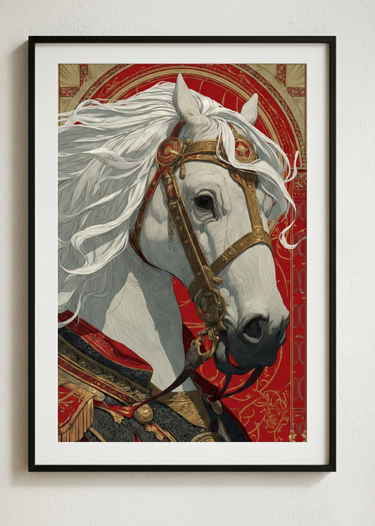 Asalet Serisi Zırhlı Beyaz At Tasarım Çerçeveli Tablo - Lüks Ofis ve Salon Dekoru