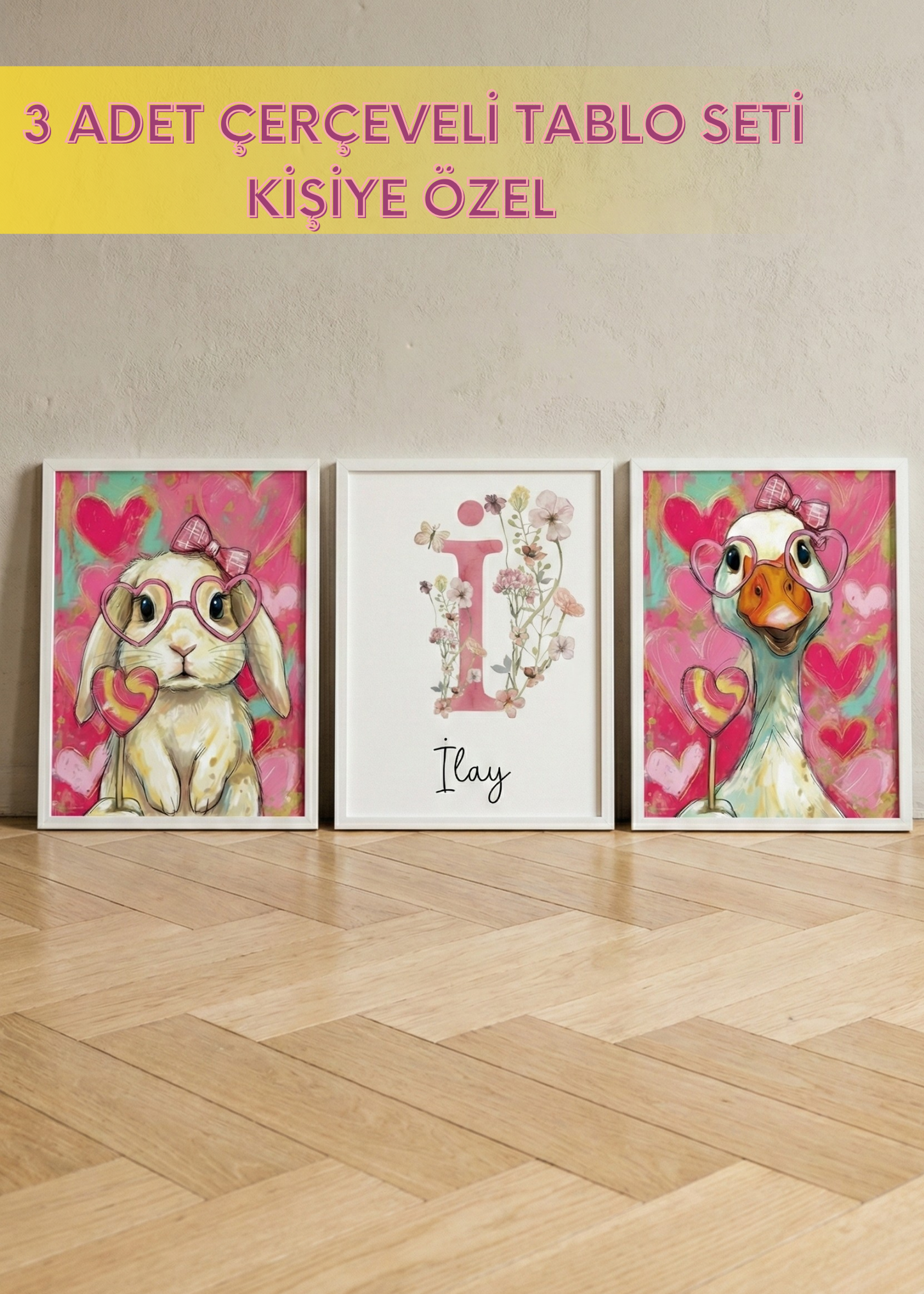 Kişiye Özel İsimli 3'lü Çocuk Odası Tablo Seti - Pembe Tavşan ve Kaz Tasarım