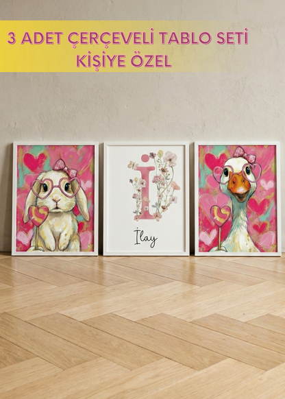 Kişiye Özel İsimli 3'lü Çocuk Odası Tablo Seti - Pembe Tavşan ve Kaz Tasarım