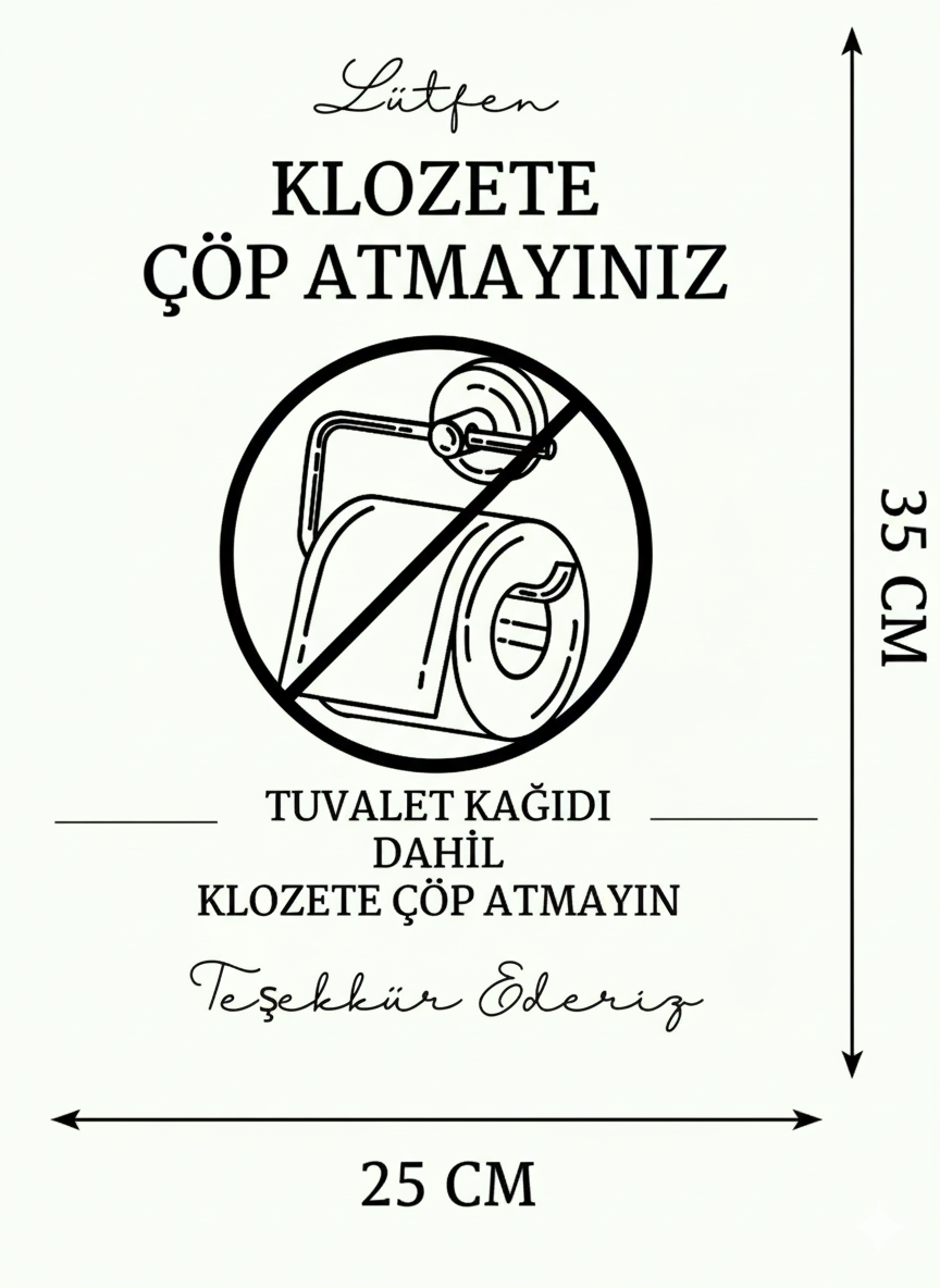 Klozete Çöp Atmayınız Uyarı Levhası Kendinden Yapışkanlı 25x35 cm