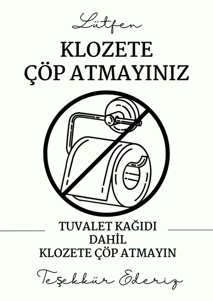 Klozete Çöp Atmayınız Uyarı Levhası Kendinden Yapışkanlı 25x35 cm